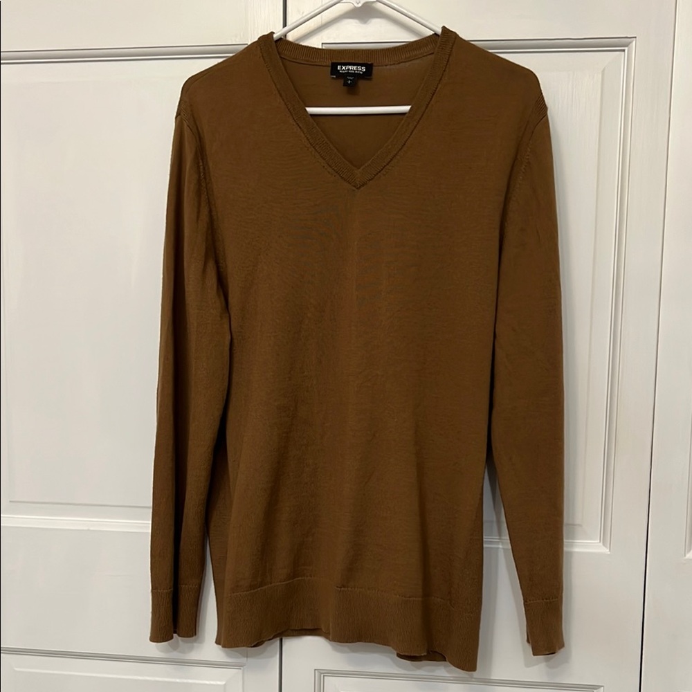 Express Brown V-Neck Sweater Lightweight merino Knit
